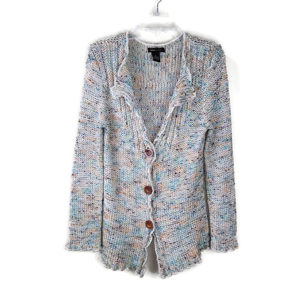 BCBGMAXAZRIA Womens Confetti Ruffled Edge Wood Button Front Cardigan Size L
